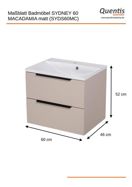 Badmöbel SYDNEY 60 cm, Macadamia matt, Waschtisch und Unterschrank (montiert)