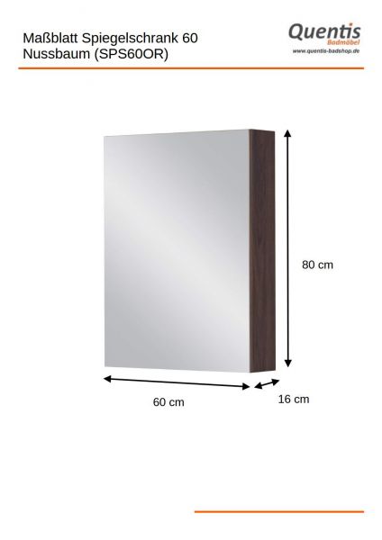 Spiegelschrank Breite 60 cm, Nussbaum, vormontiert