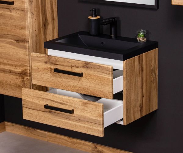 Badmoebel Fokus Loft 60 cm Eiche Natur Waschbecken schwarz matt FKSN60262