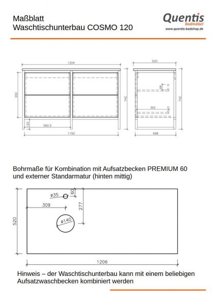 Badmöbel COSMO 120 cm, Eiche/ Schwarz, Waschtischunterbau stehend, Aufsatzbecken schwarz optional