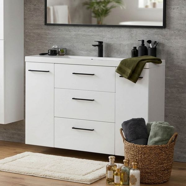Badmoebel DOMINO SLim-Line 120 Tiefe 35 cm weiß matt Waschtisch und Unterschrank montiert