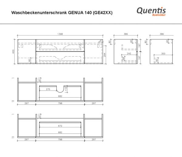 Badmöbel GENUA 140 cm, weiß glänzend, Waschtischunterschrank montiert