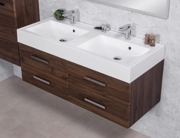 Badmöbelset Doppelwaschplatz ZENO, Breite 120 cm, Nussbaum, montiert