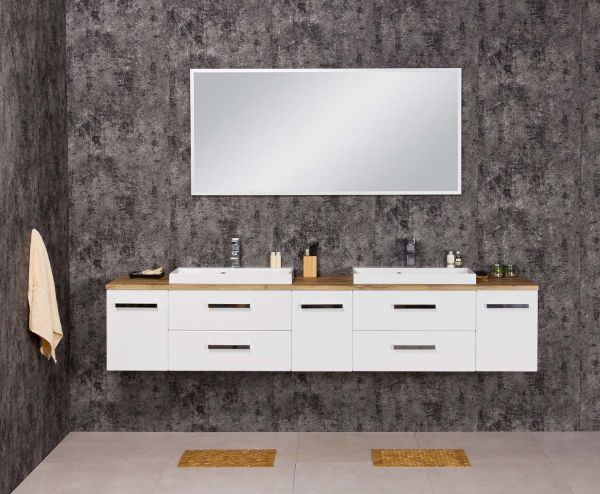 Badmöbel SUSAN, Breite 210 cm, Weiß/ Eiche Natur, Waschtischunterbau montiert