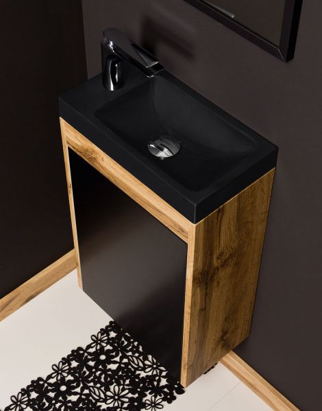 Gäste-WC Möbel GUEST Breite 40 cm, Eiche-Schwarz, Waschbecken schwarz matt