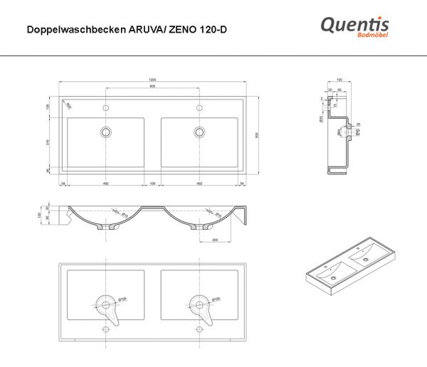 Badmöbel ZENO 120 cm, Holzdekor antik, Doppelwaschtisch mit Unterschrank, montiert