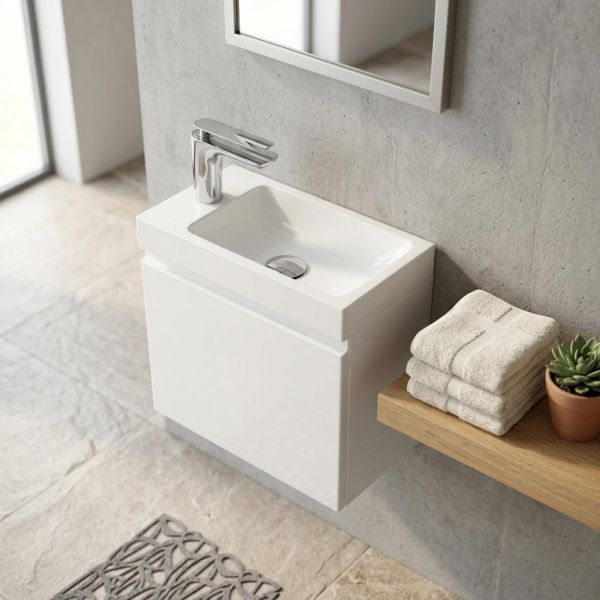 Gäste-WC Badmöbel FAROS 40 cm, Waschbecken mit Unterschrank, Weiß Hochglanz, vormontiert