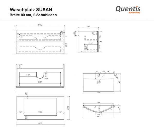 Badmöbel SUSAN Breite 80 cm, Holzdekor Antik, Waschtischunterbau aufgebaut