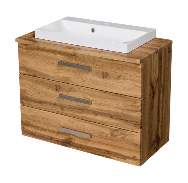 Badmöbel SUSAN 80 cm, Eiche, 3 Schübe, Waschtischunterbau aufgebaut