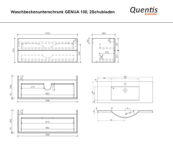 Badmöbel GENUA 100 cm, weiß, Waschtisch mit Unterschrank montiert