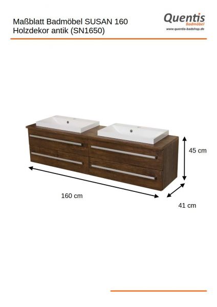 Badmöbelset SUSAN 160 cm – Doppelwaschtisch in Holzdekor Antik