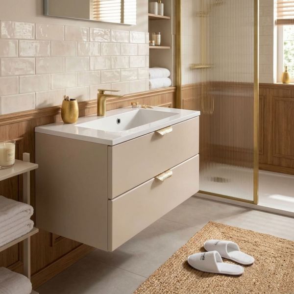 MAGNOLIA Badmöbelset Breite 80 cm, Waschbeckenunterschrank inkl. Waschbecken, seidenmatt sand