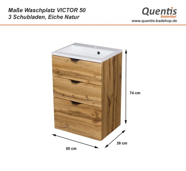 Maße Badmöbelset VICTOR 50, 3 Schubladen, Eiche Natur (VIC50362)