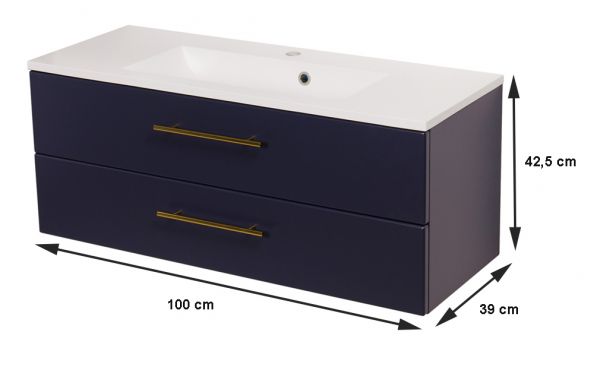 Badmöbel BELLI Breite 100 cm, Waschplatzset Marineblau matt, Waschbeckenunterschrank montiert