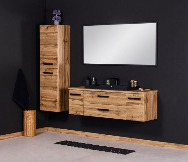 Badmöbelset FOKUS LOFT 140 cm von Quentis – Eiche Natur mit schwarzem Waschbecken matt