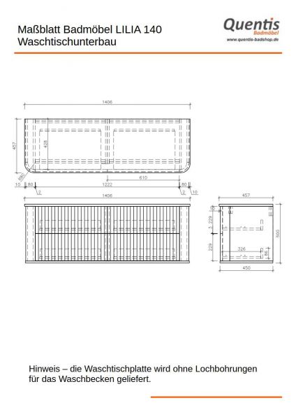 Badmöbel Lilia 140 cm, sand matt, Doppelwaschtisch und Unterschrank (montiert)