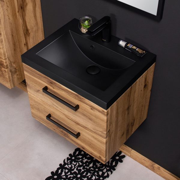 Badmöbel Fokus LOFT 50, Eiche Natur, Waschtisch schwarz matt (FKSN50262)