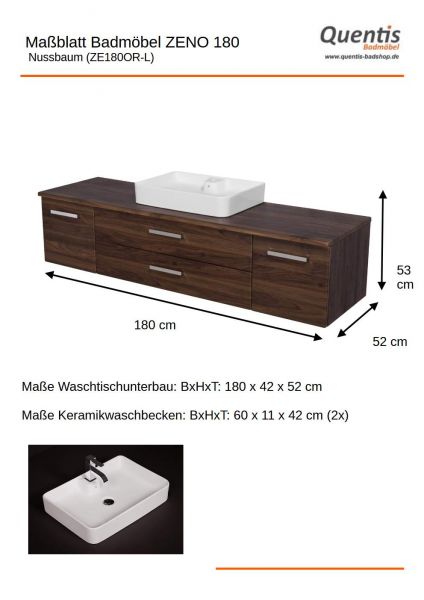 Badmöbel ZENO Breite 180 cm, Nussbaum, Waschtischunterbau montiert, Waschbecken optional