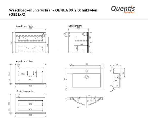 Badmöbel GENUA, Breite 60 cm, schwarz, Waschtischunterschrank montiert