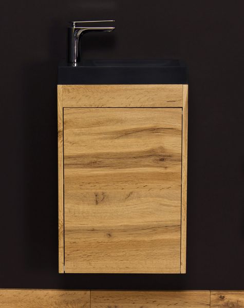 Gäste-WC Möbel GUEST 40 cm, eiche, Waschbecken schwarz matt, montiert