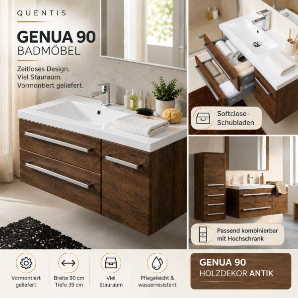 Badmöbel GENUA 90 cm Holzdekor Antik – Waschbecken mit Unterschrank, 2 Schubladen, vormontiert