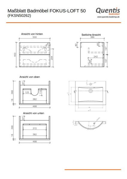 Badmöbel Fokus LOFT 50, Eiche Natur, Waschtisch schwarz matt, Waschtischunterschrank montiert