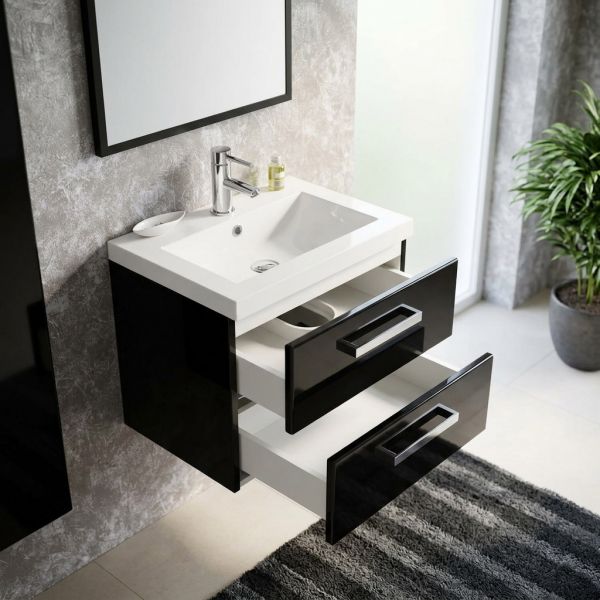 Badmöbel GENUA Breite 50 cm, Hochglanz schwarz, 2 Softclose-Schubladen