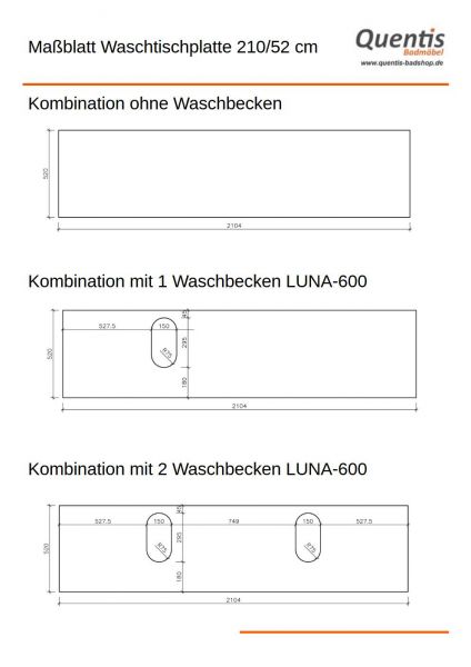 Badmöbel ARUVA Breite 210 cm, Weiß/ Eiche Natur, als Einzel- oder Doppelwaschplatz, montiert