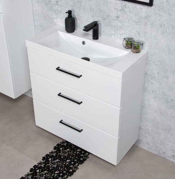 Badmoebel DOMINO SLim-Line 80 Tiefe 35 cm weiß matt Waschtisch und Unterschrank montiert