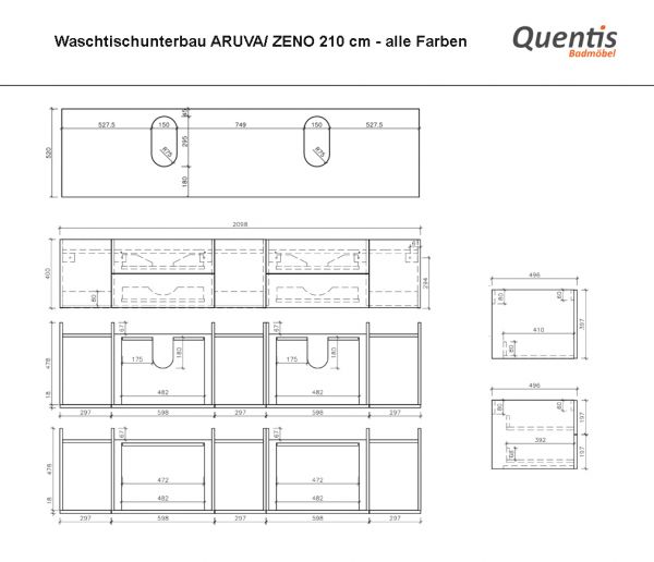Badmöbel ARUVA Breite 210 cm, Weiß/ Eiche Natur, als Einzel- oder Doppelwaschplatz, montiert