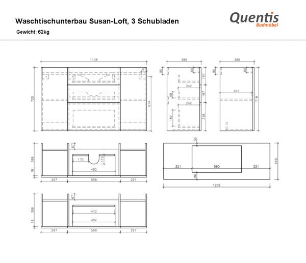 Badmöbel SUSAN-Loft XL, Breite 120 cm, 3 Schubladen, Eiche, Waschtischunterbau montiert