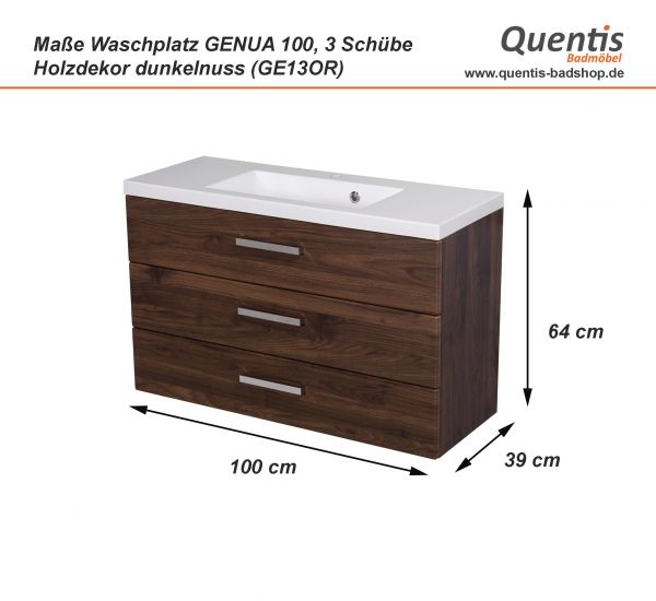 Badmöbel GENUA 100 cm, Nussbaum, 3 Schubladen, Waschtischunterbau montiert