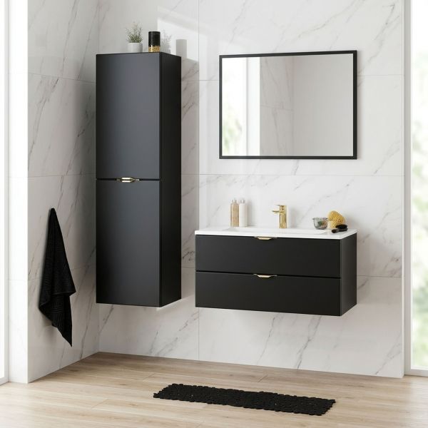 Badmöbel VICTOR 80, Waschtischunterbau mit 2 Schubladen inkl. Waschbecken, schwarz matt