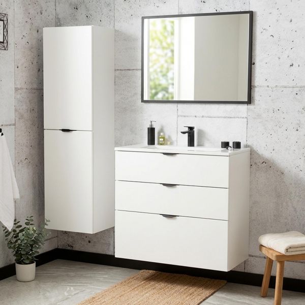 Badmöbel VICTOR 80 cm, Waschbeckenunterschrank mit 3 Schubladen, vormontiert, weiß matt