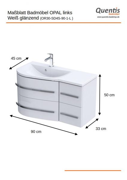 Badmöbel OPAL, Breite 90 cm, weiß glänzend, Waschtischunterbau montiert