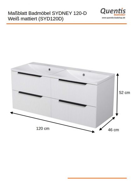 Quentis Badmoebel SYDNEY 120 cm weiß matt Doppelwaschtisch mit Unterschrank montiert SYDB120D