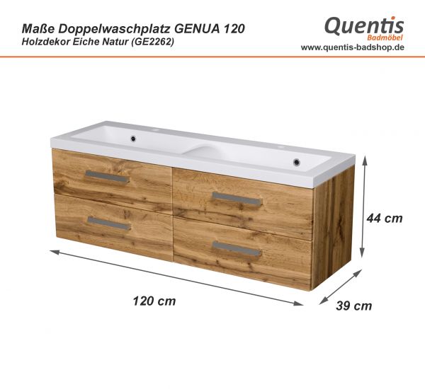 Badmöbel GENUA 120 cm Eiche Natur, Doppelwaschtisch mit Unterschrank, montiert