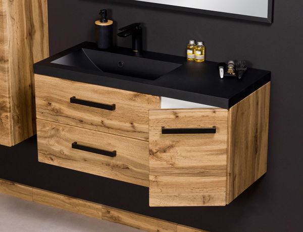 Quentis Badmoebel Fokus Loft 90 cm Eiche Natur Waschbecken schwarz matt FKSN90262