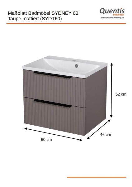 Maßblatt Badmoebel SYDNEY 60 cm taupe matt Waschtisch mit Unterschrank montiert SYDT60