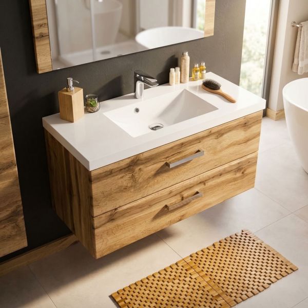 Badmöbel Genua, Breite 100 cm, Holzdekor Eiche Natur, 2 Softclose-Schubladen