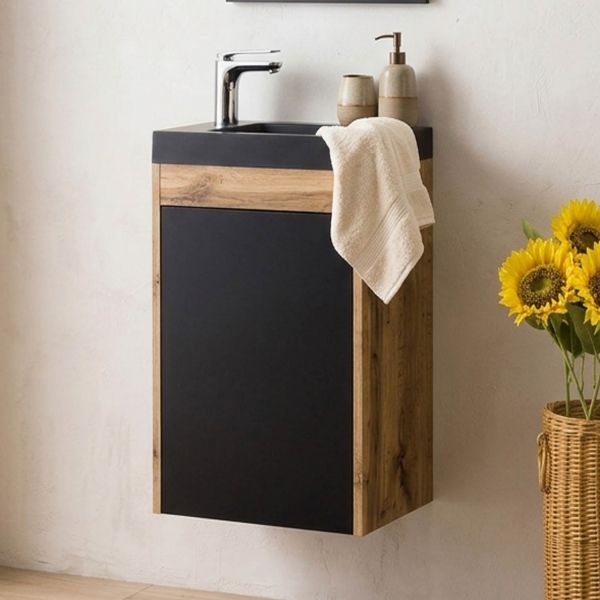 Gäste-WC Möbel GUEST Breite 40 cm, Eiche-Schwarz, Waschbecken schwarz matt
