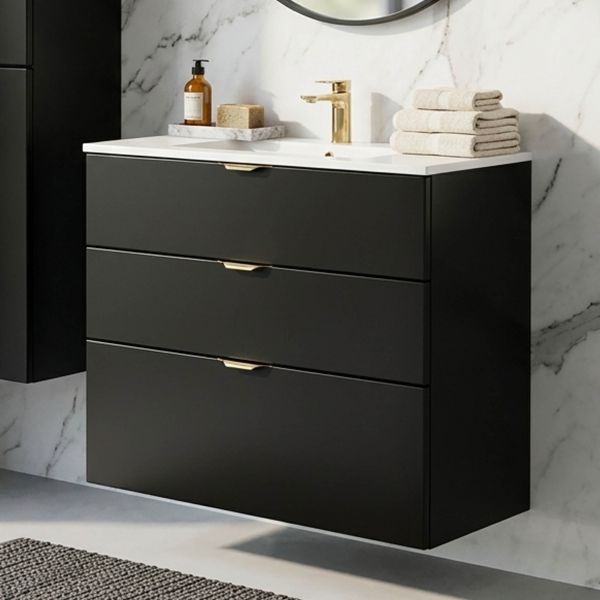 Badmöbel VICTOR 80, Waschtischunterbau mit 3 Schubladen inkl. Waschbecken, schwarz matt