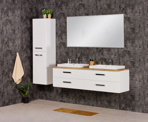 Quentis Badmöbelset Doppelwaschplatz SUSAN, Breite 160 cm, weiß/ eiche, montiert