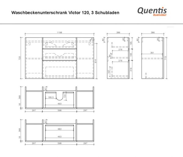 Badmöbel VICTOR 120 cm, Waschtischunterbau mit 3 Schubladen, seidenmatt weiß