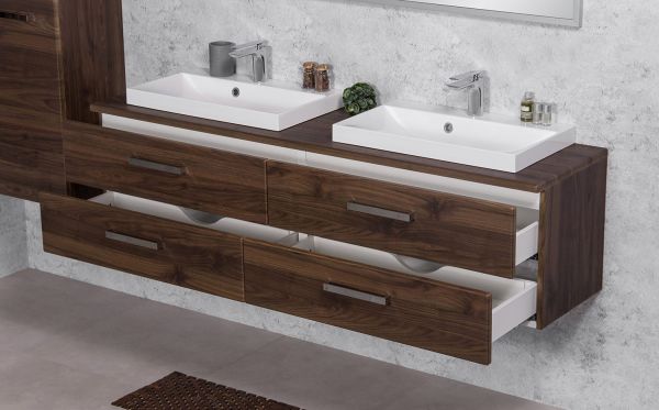 Badmöbelset Doppelwaschplatz SUSAN, Breite 160 cm, Nussbaum, montiert