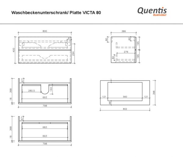 Badmöbel VICTA, Breite 80cm, weiß matt, Waschbecken schwarz