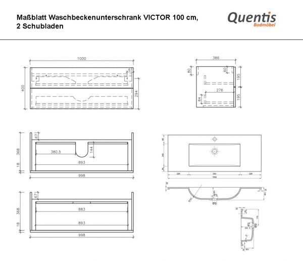 Badmöbel VICTOR 100 cm, seidenmatt schwarzt, Waschbeckenunterschrank montiert