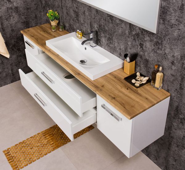 Badmöbel SUSAN, Breite 180 cm, Weiß/ Eiche Natur, Waschtischunterbau montiert