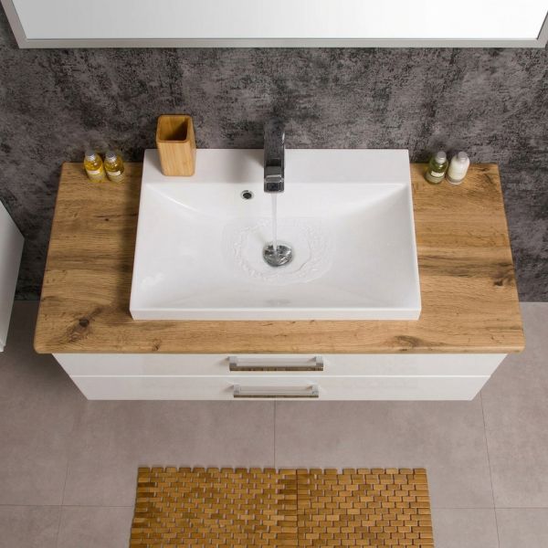 Badmöbel SUSAN Breite 100 cm, Weiß Hochglanz mit Eiche Natur, 2 Softclose-Schubladen
