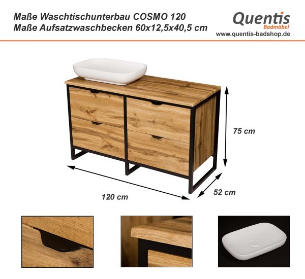 Badmöbel COSMO 120 cm, bodenstehend, Eiche/ Schwarz, Aufsatzbecken weiß